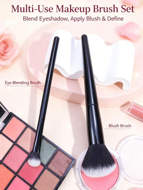 2pcs/Set Multi-Function Makeup Brushes, Blush Brush + Eyeshadow Blending Brush + Powder Brush, Portable Makeup Tools For Beginners