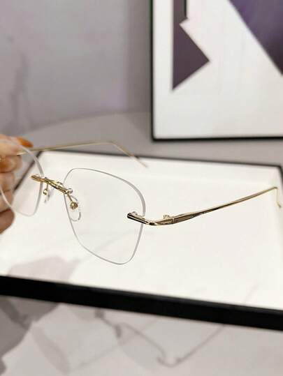 1PC Women's Casual Retro Frameless Square Gold Plain Lens Glasses, Suitable For Daily Wear, Decoration And Street Photography