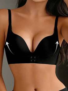 Women's Seamless Bra, Strong Push-Up, Wire-Free Push-Up Bra, Designed For Small Bust, Makes Bust Look More Petite Wireless, Back Button Design, Comfortable To Wear, Seamless Anti-Sagging Bra - Black - View 3