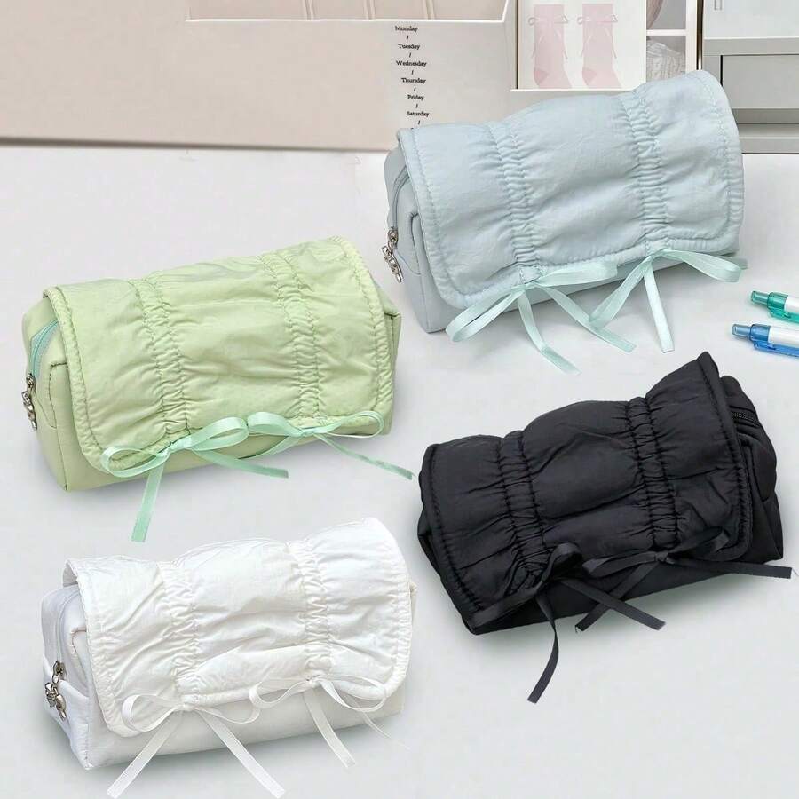 1pc Ruched Bow Pencil Case, Large Capacity Pencil Box, Quilted Ruched Design, Ribbon Bow Decor, Stationery Storage Bag, Makeup Bag, Suitable For Student Stationery Storage, Makeup Storage, Learning, Back To School Season Essential, Suitable For Back To School/Back To School Season, Birthday Gift, Halloween Gift, Thanksgiving Gift, Christmas Gift, New Year Multi-Festival Gift - Butterfly Ribbon - View 1
