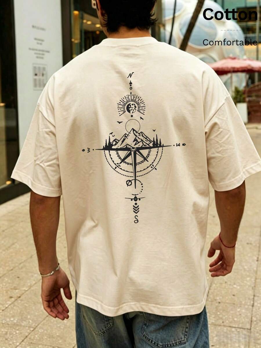 Men's Cotton T-Shirt For Autumn With Back Print Of Sun, Mountains, Compass And Geometric Patterns, Daily Street, Vacation, Casual Sports Outfits - Apricot - View 1