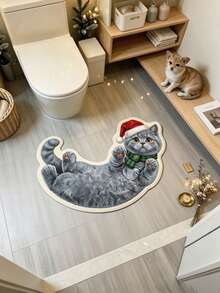 1pc Christmas Hat Gray Cat Pattern Doormat, Bathroom Mat, Bathroom Rug, Door Mat, Small Rug, Carpet, Floor Mat, Home Decor, Area Rug, Outdoor Mat, Home Decor, Area Carpet, Bedroom Rug, Washable Carpet - Multicolor - View 3