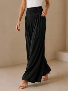 Women's High Waist Pleated Palazzo Pants Solid Black Wide Leg Modal Knit Trousers - Black - View 3