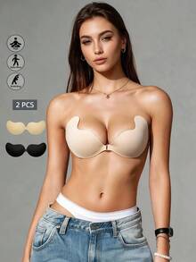Runway Rest 2pcs Women Adhesive Push Up Bra, Invisible Sticky Bust Enhancer Reusable Silicone Bra With Front Clasp, Suitable For Wedding, Formal Dress - Multicolor - View 1