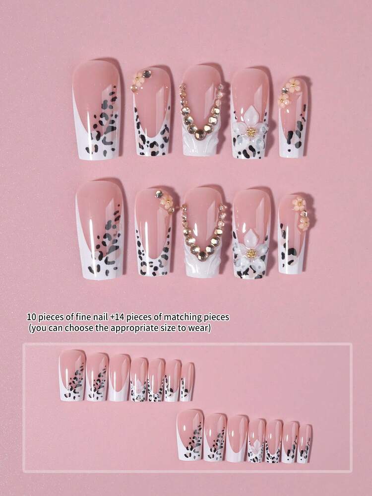 24pcs Kuku Palsu French Press-On Pendek Persegi Motif Leopard & Putih Gaya Y2K, Dengan Bunga Gel 3D, Rhinestones dan Desain Mutiara Emas, Set Kuku Palsu Akrilik yang Mudah Dipakai, Termasuk 1 buah Lem Jelly dan 1 buah Kikir Kuku, Cocok untuk Penggunaan Sehari-hari dan Pesta Anak Perempuan - MultiWarna - View 3
