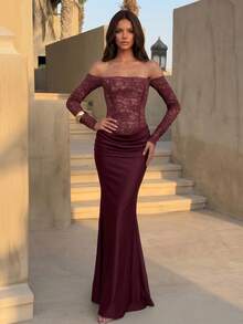 Elegant Women's Off-Shoulder Long Sleeve Lace Ruched Fitted Evening Gown, Suitable For Formal Occasions - Burgundy - View 2