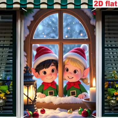 [Party Banner]1pc, Polyester Material, Christmas Theme Window Banner, Elf Wearing Christmas Hat Design, For Christmas