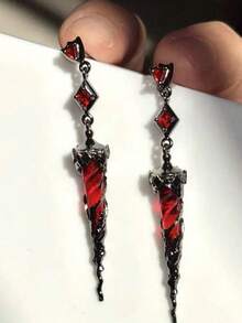 1pair Gothic Red Drop Earrings For Women, Dark Vampire Style Black Thorn & Red Crystal Dangle Earrings, Punk Alternative Jewelry - Multicolor - View 6