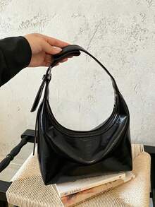 Bright Surface Underarm Bag Simple Crescent Moon Bag Adjustable Shoulder Strap Design High-End Feeling Commuting Versatile Women's Shoulder Bag - Black - View 5
