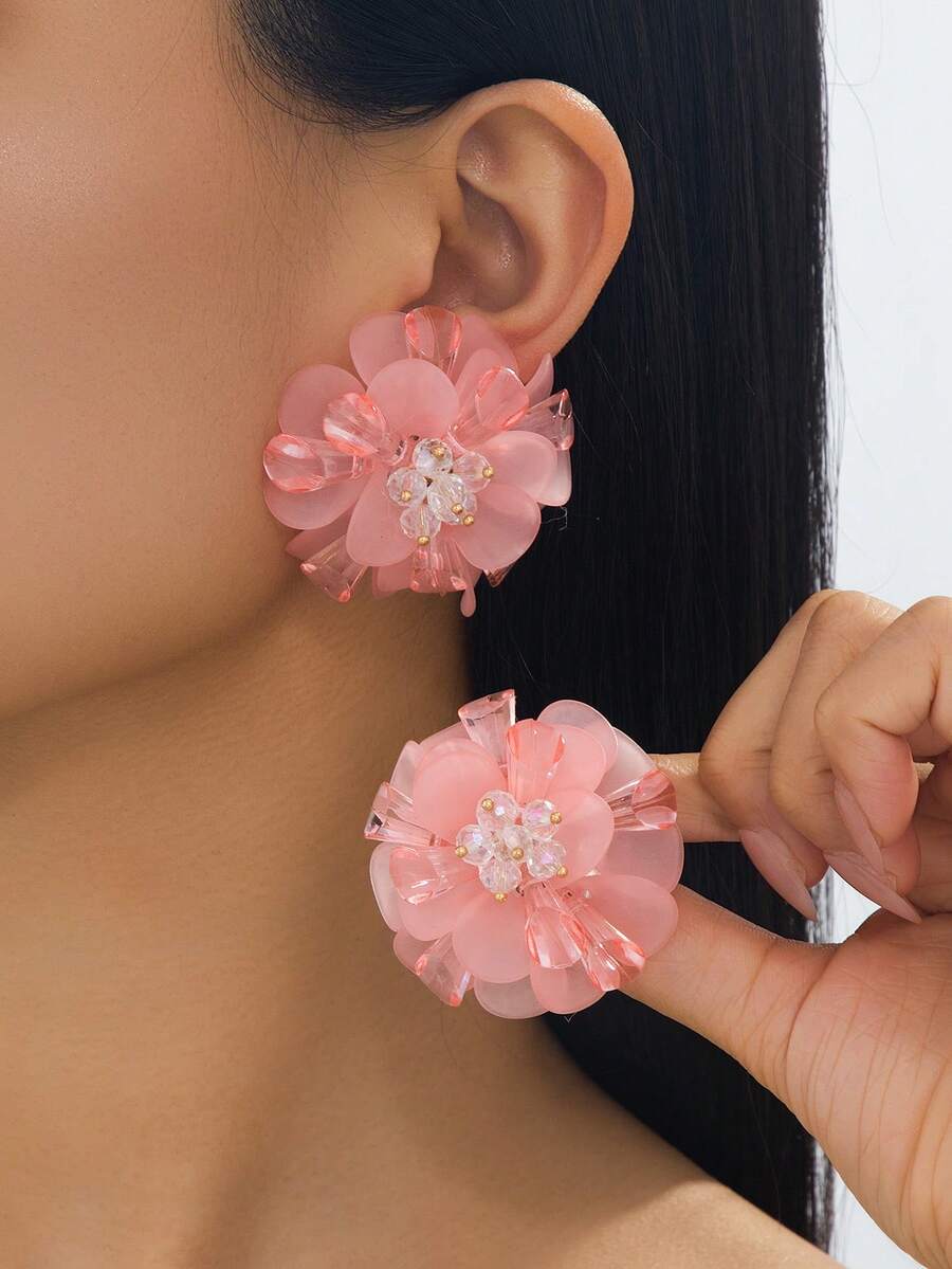 1對可愛韓系溫柔風夏季海灘度假果凍粉色3D花朵造型女款耳釘 - 粉色 - 查看 1
