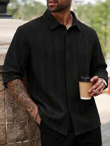 Men's Plus Size Shirt, Autumn Knit Textured Fabric Casual Plus Size Top, Solid Color Single-Breasted Long Sleeve Plus Size Men's Clothing - Black - View 6