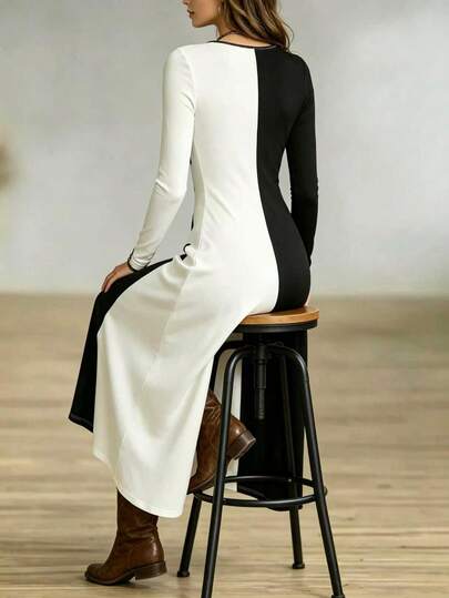 Women's Halloween Costume Print Long Sleeve Casual Colorblock Dress - Mysterious Skeleton Pattern Conservative Minimalist Basic Halloween Dress, Black And White Dual Color, Suitable For Theme Halloween Party/Carnival Night/Unique Design Matching, Dark Theme Event Holiday Outfit Dress