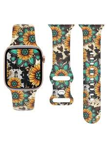 Vintage Green Gemstone Sunflower 2D Printed Silicone Watch Band Compatible With Apple Watch 40mm/41mm/42mm/44mm/45mm/46mm/49mm, Soft Comfortable Casual Sports Rivet Buckle Watch Band Compatible With Apple Watch Series Ultra/11/10/9/8/7/6/5/4/SE, Compatible With Apple Watch Men's Women's Smart Watch Band - UV054-emerald Sunflower - View 4