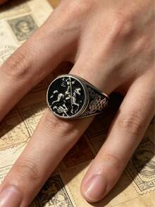 1pc St. George Dragon Slayer 316L Stainless Steel Ring, Vintage Celtic Knot Engraved Men's Ring, Non-Fading - St. George Dragon Slayer Men's Ring - View 3