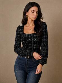 Women's Black Knitted Square Neck Top - Black - View 3