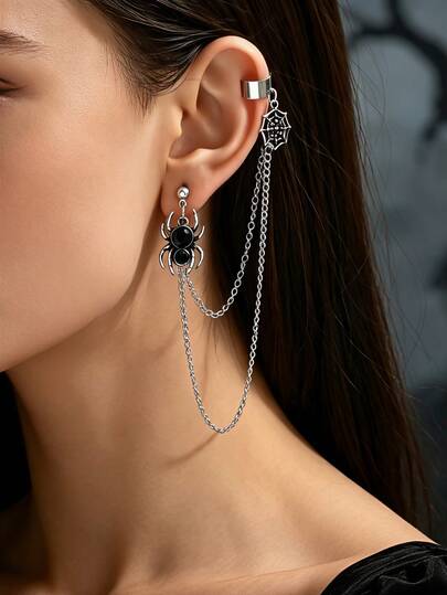 1pc Women's Vintage Gothic Style Silver Spider Web Faux Black Gem Spider Multi-Layer Long Chain Ear Clip Ear Stud Integrated Earring, Ear Cartilage Clip + Ear Stud Connected Tassel Chain Ear Drop, Cool Dark Women's Earring, Suitable For Halloween Costume Party Wear