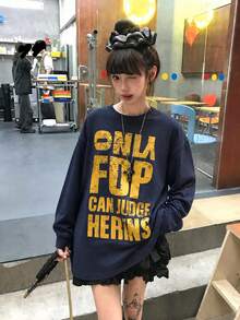 女款秋冬新款 1件式小碼個性化拼色復古字母印花休閒百搭街頭風寬鬆長袖T恤上衣 - 藏藍 - 查看 2