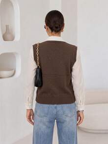 Women's Horizontal Striped Jacquard Knit Vest, V-Neck Sleeveless Sweater Fall - Coffee Brown - View 2