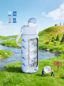 Powcan 12盎司不锈钢保温杯：二合一吸管盖，防漏，易于清洗，适合上学、旅行、玩耍和送礼。 - 淺藍鯨魚 - 查看 2