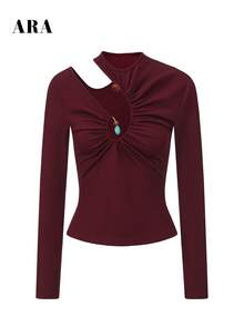 ARA Women Boho Beaded Irregular Cutout Long Sleeve Top, Ribbed Slim Fit Ruched Front Back Hollow Out Cropped Shirt, All Season Vintage Y2K Streetwear - Purple - View 10