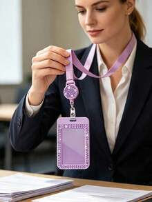 Purple Rhinestone ID Card Holder With Lanyard, ID Card Storage Box, Anti-Lost Lanyard, Student ID Card Holder, Self-Service Restaurant Card Holder - Multicolor - View 2