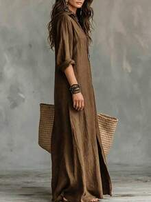 Women's Casual Long Sleeve Woven Fabric Collared Button Front Long Shirt Dress, Perfect For Creating A Relaxed Bohemian Style Autumn Fashion Look. - Coffee Brown - View 2