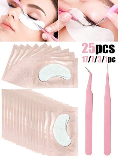 25pcs/17pcs/7pcs/3pcs/1pc Eyelash Extension Tool Set For Women, Anti-Static Non-Slip Handle Lash Tweezers Set, Eyelash Extension Pads, Individually Packaged Eye Patches, Eyelash Extension, Easy To Use, Eyelash Extension Patch Set, Eyelash Perm, Eyelash Dye, Suitable For Professional Salons And Personal Use Lower Eyelid Gel Pads, DIY Eyelash Extension Supplies