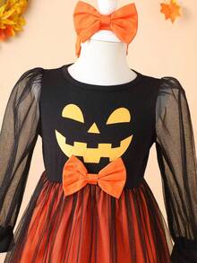 Young Girls Autumn/Winter Halloween Cute Pumpkin Long Sleeve Puff Mesh Princess Dress - Black - View 3