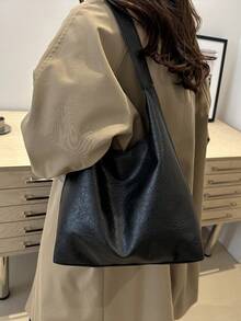 大容量純色紋理托特包女款，2026新款韓系時尚高級休閒百搭單肩通勤購物包 - 黑色 - 查看 4