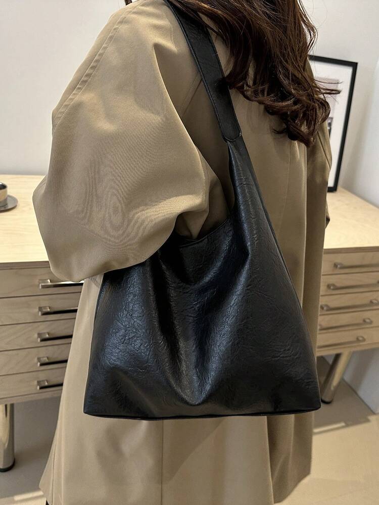 Large Capacity Solid Color Textured Tote Bag For Women, 2026 New Korean Style Premium Fashion Casual Versatile Shoulder Commuter Shopping Bag - Black - View 3