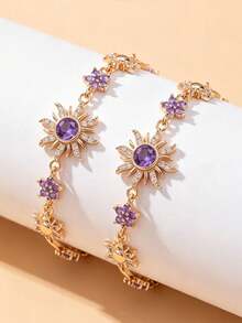 1pc Sunflower Bracelet, Sun Bracelet, Inlaid With Shiny Synthetic Zirconia, Suitable For Travel And Vacation Wear, Holiday Gift, Essential Fashion Item For Going Out - Bracelet - View 5