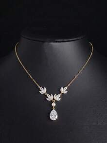 1pc Fashion Luxury Floral Leaf Pearl Water Drop Zirconia Necklace Suitable For Bride Wedding, Evening Party - Pearl Teardrop Necklace - View 19
