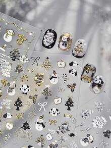 1片 5D 金箔聖誕美甲貼紙，黑白小狗、雪人、聖誕樹、蝴蝶結、Merry Christmas 字母自黏式美甲貼花 DIY 美甲裝飾配件 - 彩色 - 查看 5