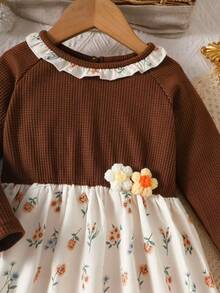 Young Girls Autumn/Winter 2 In 1 Ruffle Collar Floral Decor Knitted Patchwork Ditsy Floral Princess Dress - Khaki - View 3