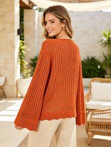 HOMEYEE Bright Orange V-Neck Hollow Crochet Knit Sweater Women Loose Lantern Long Sleeve Thin Vacation Style Solid Color Pullover Top - Orange - View 4