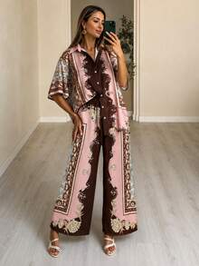 Women's Spring/Autumn Casual Fashion Full Print Bohemian Lapel Top And Allover Print Long Pants Elegant Daily 2-Piece Set Summer - Multicolor - View 1