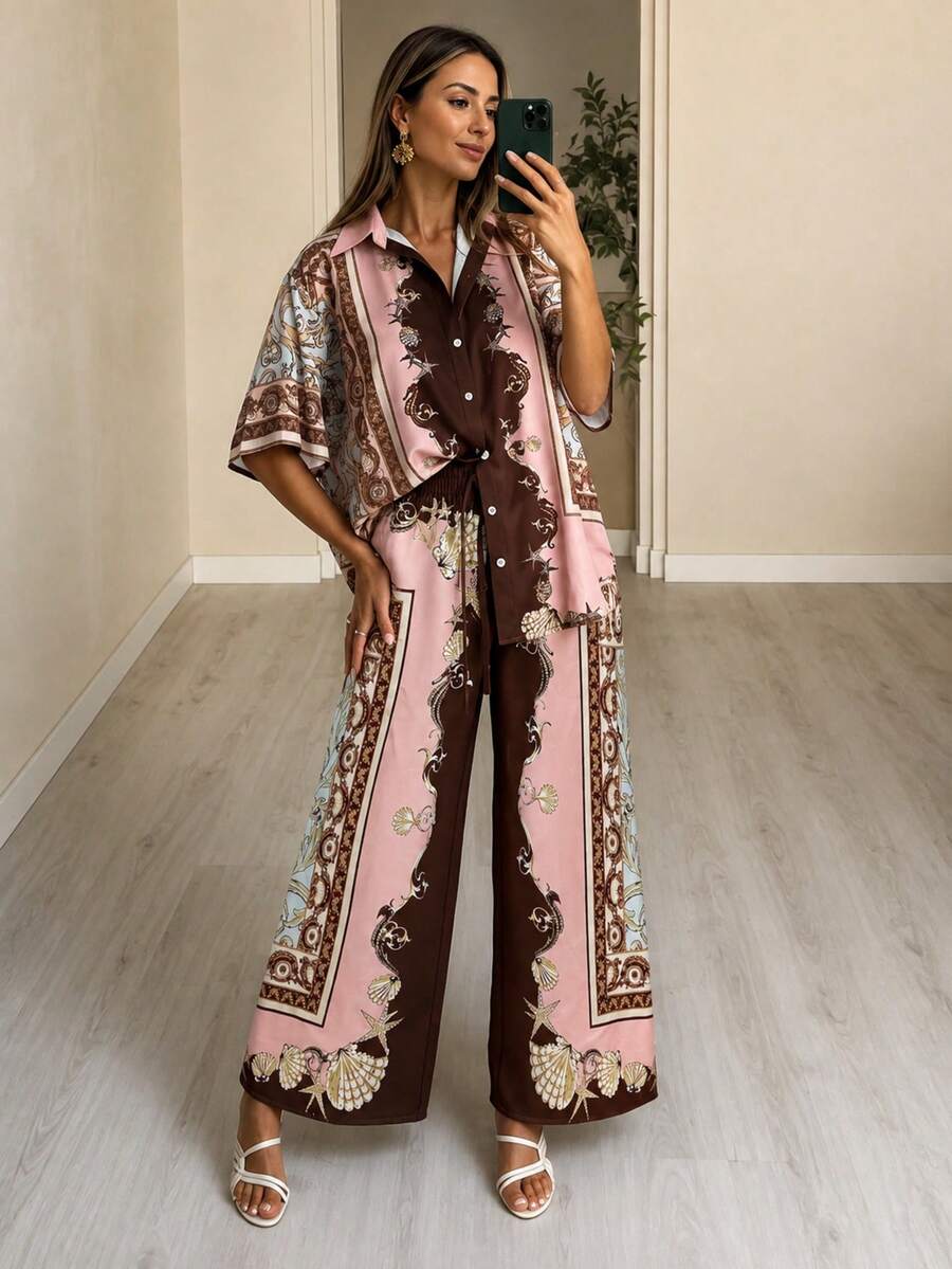 Women's Spring/Autumn Casual Fashion Full Print Bohemian Lapel Top And Allover Print Long Pants Elegant Daily 2-Piece Set Summer - Multicolor - View 1