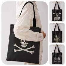 1pc One‑Eyed Skeleton Print Shoulder Tote,Large Capacity For Books,Groceries&Daily Beach Travel School Use.For Students&Women,Great Daily Bag Or Gift - Multicolor - View 2