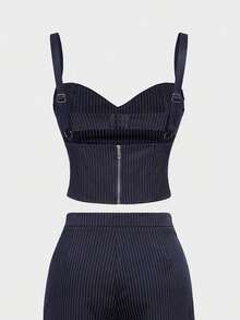 2pcs Set Women Commuting Outfit: Striped Camisole Top + Wide Leg Loose Casual Trousers Summer Elegant - Navy Blue - View 9