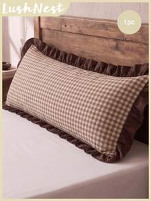 1pc Digital Printed Khaki Plaid With Matching Mocha Ruffles Long Pillowcase (Without Insert), Comfortable And Breathable Polyester Fiber Suitable For All Seasons, Used In Bedroom Settings, Home Decoration, Versatile Daily Fresh And Cute - Multicolor - View 1
