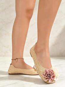 Women's Square Toe Flat Slip-On Shoes, 3D Fabric Floral Design, Shallow Cut, Soft Sole, Gentle Vacation Style, Autumn - Apricot - View 4