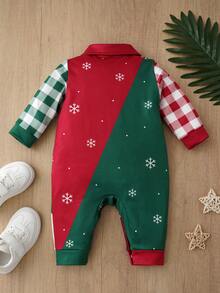 Santa Claus Chimney Print Infant Long Sleeve Romper, Plaid Sleeve Snowflake Accents Baby Holiday Outing Jumpsuit - Multicolor - View 4