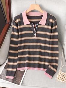 BYGOUBY Women's Spring/Autumn Polo Collar Knitted Cardigan, Fashion Striped Casual Sweater Top, Soft And Comfortable - Pink - View 7