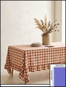 1pc Brown And White Large Plaid Ruffle Edge Tablecloth, Rustic Country Style Rectangular Same-Color Ruffle Edge Pleated Detail Decorative Functional Dining Tablecloth Suitable For Family Gatherings And Rustic Home Decor Scenes - Khaki - View 11