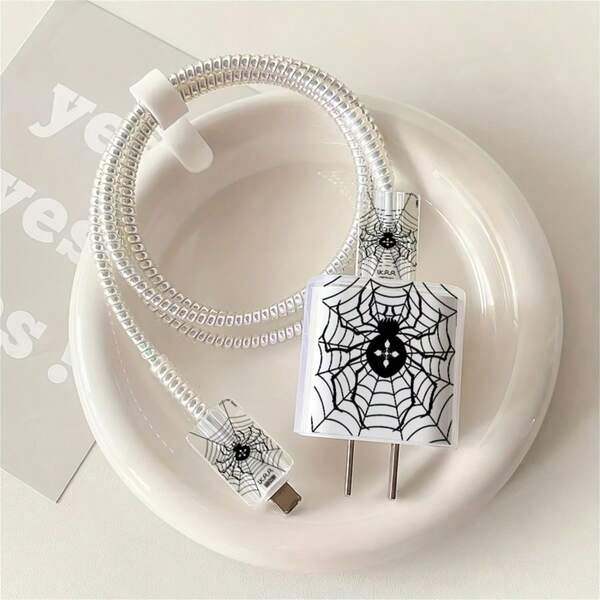 5pcs 2D Flat Design Spider Web Phone Charger Protector Set, Charger Head Cover + Cable Protector + Storage Rope + Data Cable Protector Spiral Wrap, Suitable For IPhone 20W/18W Charger