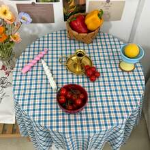 1pc Blue Plaid Tablecloth Cover, Artistic Atmosphere Desk Cloth, Photography Backdrop, Suitable For Holidays And Daily Decoration - Blue - View 7