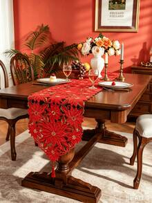 HXARTMIS 1 Buah Taplak Meja Bordir Poinsettia Merah Natal, Dekorasi Meja Makan Liburan Natal Berenda Berongga, Cocok Untuk Restoran, Pesta Dan Dekorasi Rumah - Merah - View 3