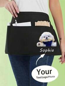 1pc Personalized Customized Unisex Polyester Apron, With 3 Pockets, Customizable Photo/Text, Short Waist Service Uniform, Black Hairdresser Apron, Barber/Beautician Beauty Gift Customization, Suitable For Kitchen, Baking And Chef Use - Multicolor - View 2