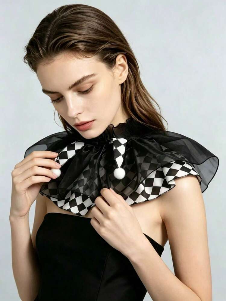 1 Pc Dark-Themed Black And White Checkered Scarf With Ruffled Edges And A Halloween Clown-Style Decorative Collars For Women - Black and White White Ball - View 3