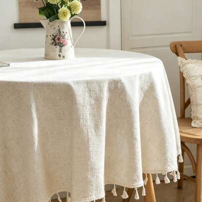 1pc Linen Tassel Round Tablecloth, Ins Style Solid Color Dining Table Cover, Cream Style Coffee Table Cloth